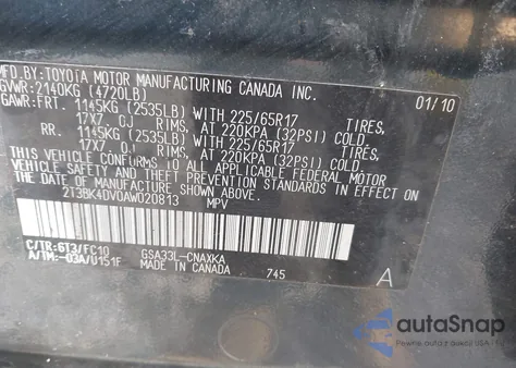 2010 Toyota Rav4 Base V6 z USA, uszkodzony, nr VIN 2T3BK4DV0AW020813